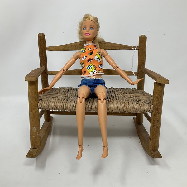 Vintage boho wicker doll rocking bench