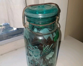 Vintage Aqua Ball Ideal Canning Jar Quart Full of Scavenged SEA GLASS