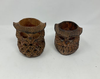 MCM Boho Owl Carved Wood Candle Holders. Pair of Owls from El Poco Candle Shop, CA. 1960’s