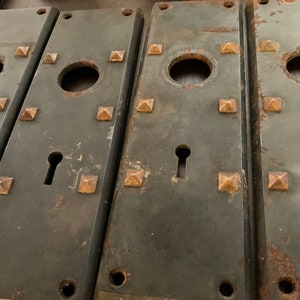 One Pair of Antique Gothic Doorplates. Cast Iron, SOLID Heavy Duty Black and Studded Door Plates for Exterior Doors. Signed Pemberton 4835.