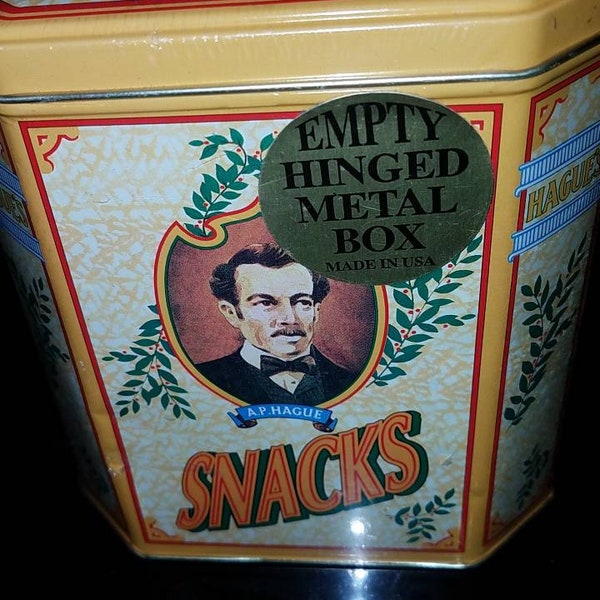 Vintage Lithographed Tin with Hinged Lid. Never opened. A. P. Hague's Snack Storage Tin Canister No Contents.