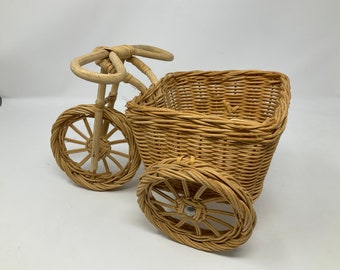 Vintage 70s Rattan Boho Tricycle Shaped Basket. Vintage 1980’s Wicker Tricycle Planter.