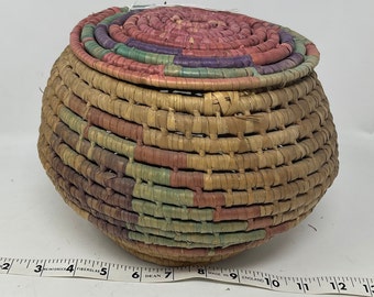 Vintage Native American Coiled Basket. Vintage Lidded Basket. Unknown Origin. Original Colorful Lid.