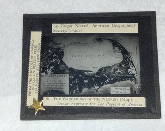 Antique Glass Negative from Wanderings of the Pilgrims. Cape Cod MA map drawn by Gregor Noetzel. Pageant of America, Yale University Press.