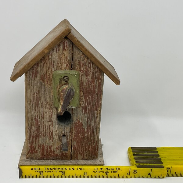 Birdhouse Sculpture. Handmade from Salvaged Weathered Red Barn Wood. Antique Latch Accents.