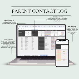 May include: A laptop and smartphone displaying a "Parent Contact Log" spreadsheet. The laptop screen shows data entry fields and summary statistics. The smartphone mirrors the spreadsheet, offering mobile access to the information. Text on the image includes "Stat Summary" and "Manual Entry."