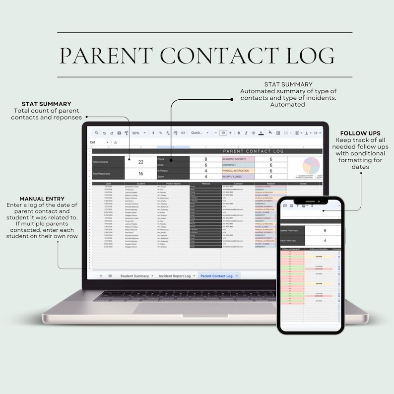 May include: A laptop and smartphone displaying a "Parent Contact Log" spreadsheet. The laptop screen shows data entry fields and summary statistics. The smartphone mirrors the spreadsheet, offering mobile access to the information. Text on the image includes "Stat Summary" and "Manual Entry."