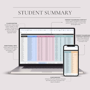 May include: A laptop and smartphone displaying a student summary spreadsheet. The laptop screen shows a detailed table with student data, while the phone mirrors a portion of the same information. Text annotations highlight data entry points and contact information.