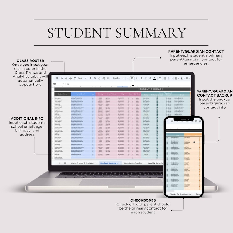 May include: A laptop and smartphone displaying a student summary spreadsheet. The laptop screen shows a detailed table with student data, while the phone mirrors a portion of the same information. Text annotations highlight data entry points and contact information.