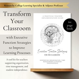 Puede incluir: Un libro titulado "Transforma tu aula" con el subtítulo "con estrategias de función ejecutiva para mejorar los procesos de aprendizaje". La portada presenta una ilustración de un cerebro y el texto "Executive Function Strategies for the Classroom".