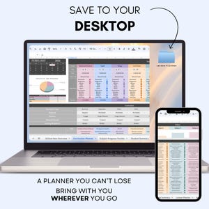 Puede incluir: Un ordenador port&aacute;til y un smartphone que muestran un planificador de lecciones digital. La pantalla del port&aacute;til muestra una hoja de c&aacute;lculo con un calendario y tablas de datos. El smartphone refleja el dise&ntilde;o del planificador. Texto: "GUARDAR EN TU ESCRITORIO".
