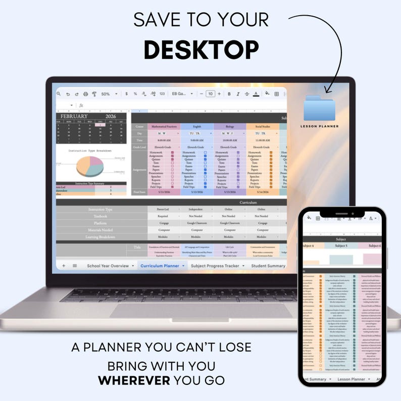 Puede incluir: Un ordenador port&aacute;til y un smartphone que muestran un planificador de lecciones digital. La pantalla del port&aacute;til muestra una hoja de c&aacute;lculo con un calendario y tablas de datos. El smartphone refleja el dise&ntilde;o del planificador. Texto: "GUARDAR EN TU ESCRITORIO".