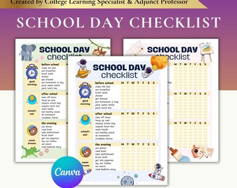 Lista de tareas para el día escolar, imprimible, con tabla de rutinas para niños, plantilla editable de Canva, horario para padres para la mañana después de la escuela.