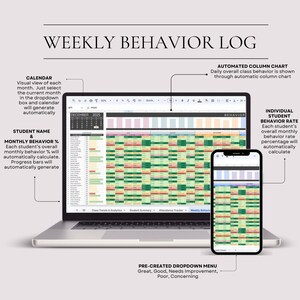 May include: A laptop and smartphone displaying a "WEEKLY BEHAVIOR LOG" spreadsheet. The spreadsheet shows student behavior data with color-coded cells. Text on the screen includes "STUDENT NAME & MONTHLY BEHAVIOR %" and "AUTOMATED COLUMN CHART."