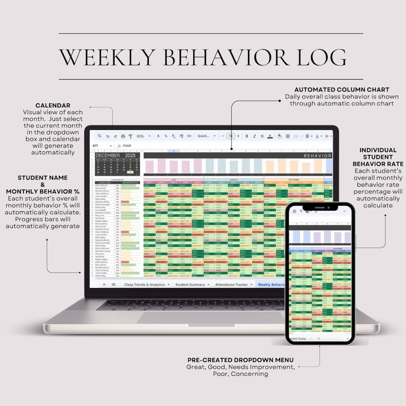 May include: A laptop and smartphone displaying a "WEEKLY BEHAVIOR LOG" spreadsheet. The spreadsheet shows student behavior data with color-coded cells. Text on the screen includes "STUDENT NAME & MONTHLY BEHAVIOR %" and "AUTOMATED COLUMN CHART."