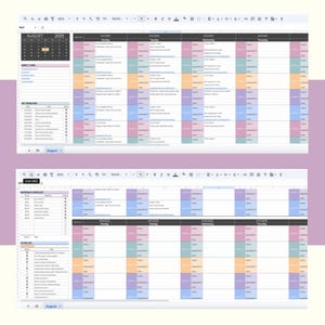 May include: A digital academic planner spreadsheet for August 2025, featuring a monthly calendar, weekly lesson schedules with color-coded columns for topics and assignments, a materials checklist, and a to-do list with checkboxes for tracking tasks.