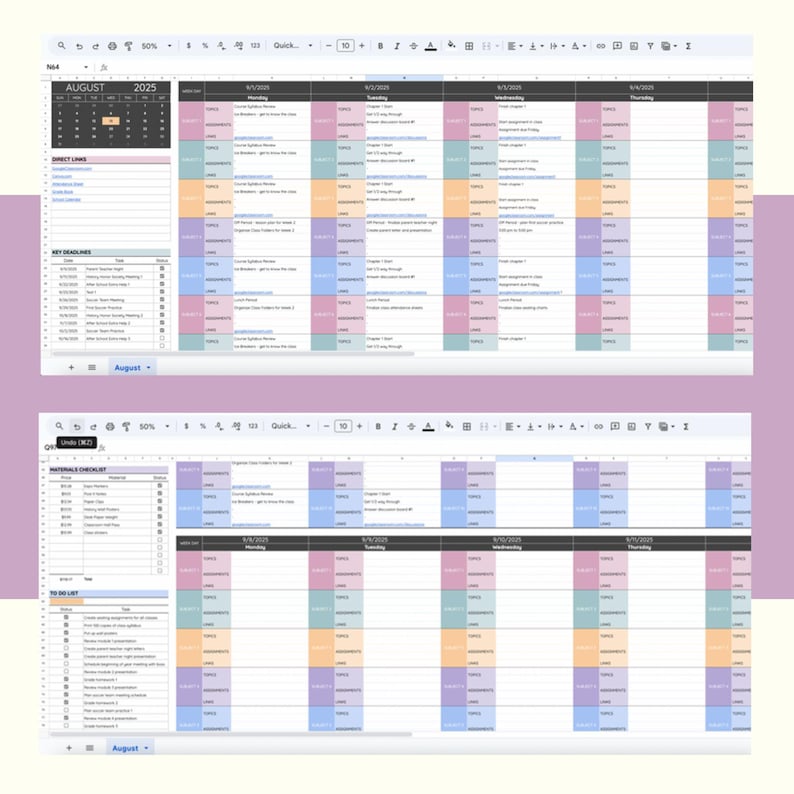 May include: A digital academic planner spreadsheet for August 2025, featuring a monthly calendar, weekly lesson schedules with color-coded columns for topics and assignments, a materials checklist, and a to-do list with checkboxes for tracking tasks.
