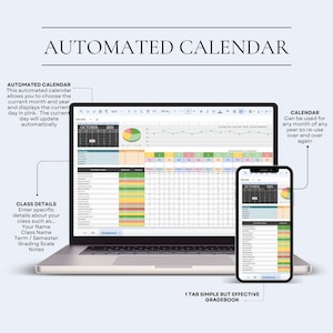 Pu&ograve; includere: Un laptop e uno smartphone che mostrano un'interfaccia di calendario automatizzata. Lo schermo del laptop mostra un foglio di calcolo con dati, grafici e celle con codice colore. Lo smartphone rispecchia la vista del calendario. Il testo sullo schermo recita "AUTOMATED CALENDAR".