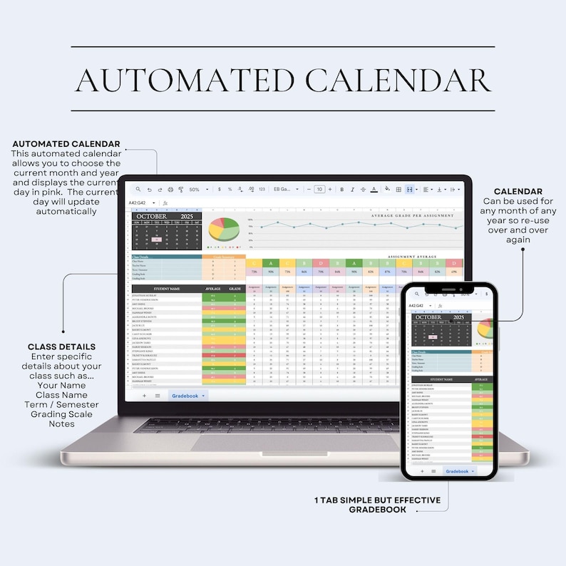 Pu&ograve; includere: Un laptop e uno smartphone che mostrano un'interfaccia di calendario automatizzata. Lo schermo del laptop mostra un foglio di calcolo con dati, grafici e celle con codice colore. Lo smartphone rispecchia la vista del calendario. Il testo sullo schermo recita "AUTOMATED CALENDAR".