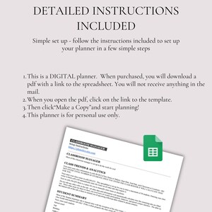May include: A digital planner with detailed instructions. The image shows a document with instructions for setting up the planner, including downloading a PDF and making a copy. A green document icon is also visible.