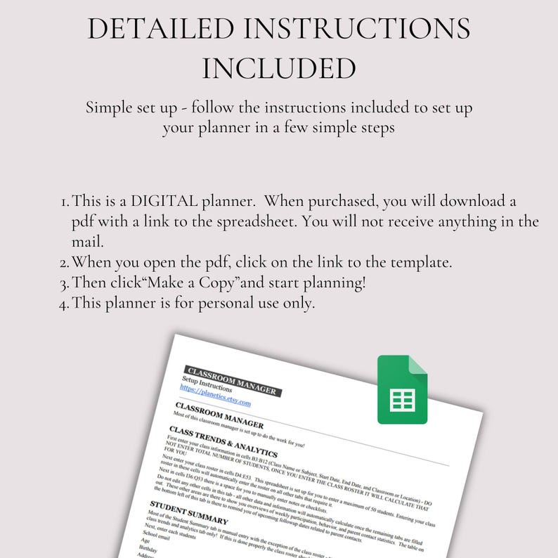 May include: A digital planner with detailed instructions. The image shows a document with instructions for setting up the planner, including downloading a PDF and making a copy. A green document icon is also visible.