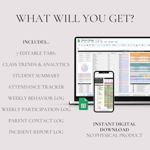 May include: A digital download graphic with the text "WHAT WILL YOU GET?" and "INCLUDES... 7 EDITABLE TABS:" followed by a list of tabs. A laptop and smartphone display a spreadsheet. The text "INSTANT DIGITAL DOWNLOAD NO PHYSICAL PRODUCT" is also included.