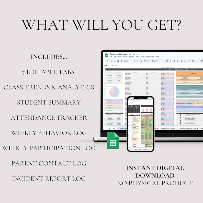 May include: A digital download graphic with the text "WHAT WILL YOU GET?" and "INCLUDES... 7 EDITABLE TABS:" followed by a list of tabs. A laptop and smartphone display a spreadsheet. The text "INSTANT DIGITAL DOWNLOAD NO PHYSICAL PRODUCT" is also included.