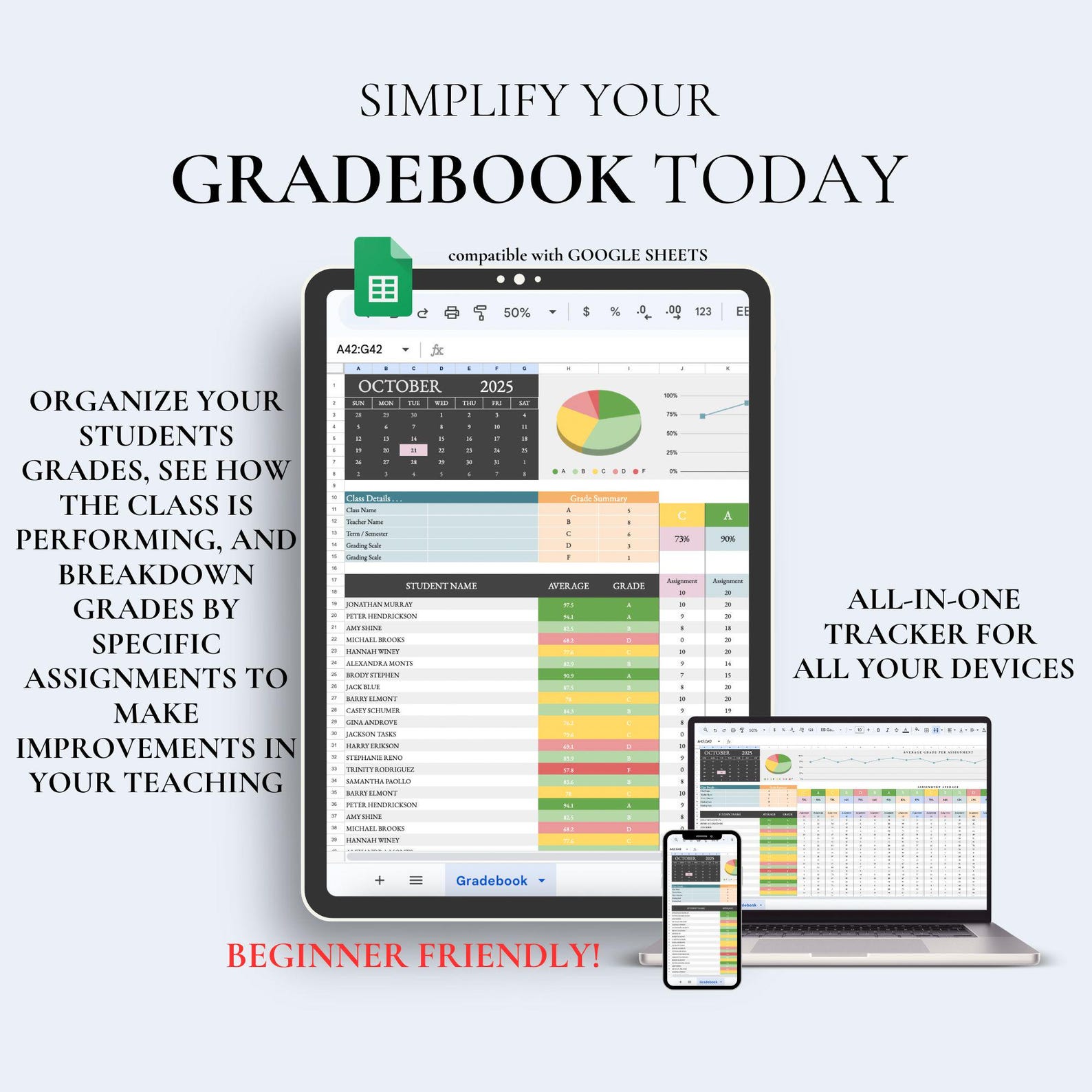 Digital Teacher Gradebook Spreadsheet Assignment Tracker for Teacher ...