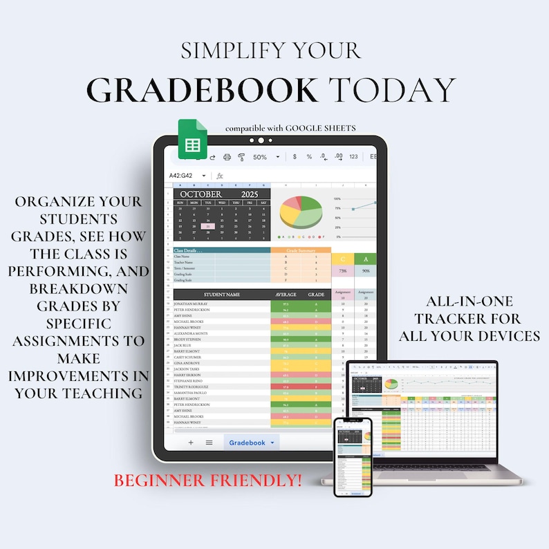 Digital Teacher Gradebook Spreadsheet Assignment Tracker for Teacher ...