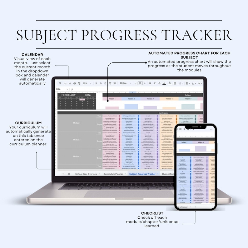 Puede incluir: Un port&aacute;til y un smartphone que muestran un rastreador de progreso de materias. La pantalla del port&aacute;til muestra una hoja de c&aacute;lculo con secciones de calendario y plan de estudios. El smartphone refleja la hoja de c&aacute;lculo.