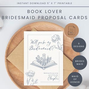 Modelo de design de cartão de proposta para amante de livros, download de casamento, formato de arquivo digital em PDF, pedido de noiva, convite para festa de madrinha, tema de livro