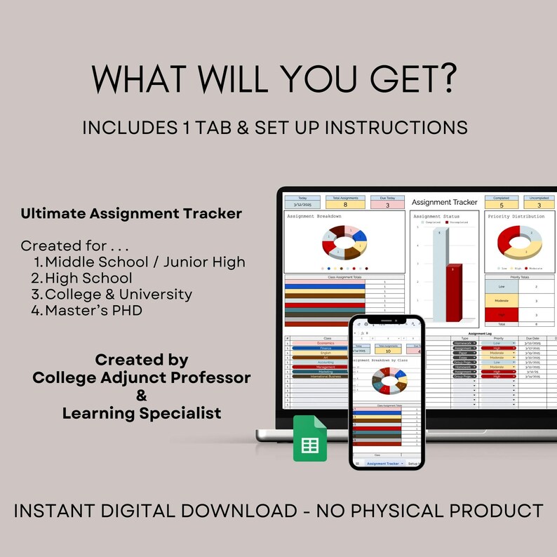 Assignment Tracker Spreadsheet Homework Organizer Academic Planner for ...