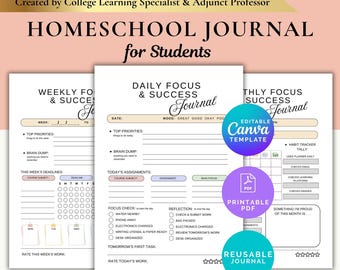 Diario de éxito para la educación en casa, imprimible en PDF, plantilla editable de Canva, planificador para padres de alumnos que estudian en casa, hoja de trabajo para estudiantes, imprimible para la educación en casa.