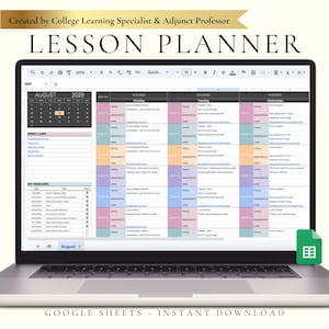 Puede incluir: Un portátil que muestra una plantilla de planificador de lecciones en Google Sheets. El planificador está organizado con columnas para fechas y filas para temas, tareas y enlaces. El texto en la parte superior dice "LESSON PLANNER" y "GOOGLE SHEETS - INSTANT DOWNLOAD."