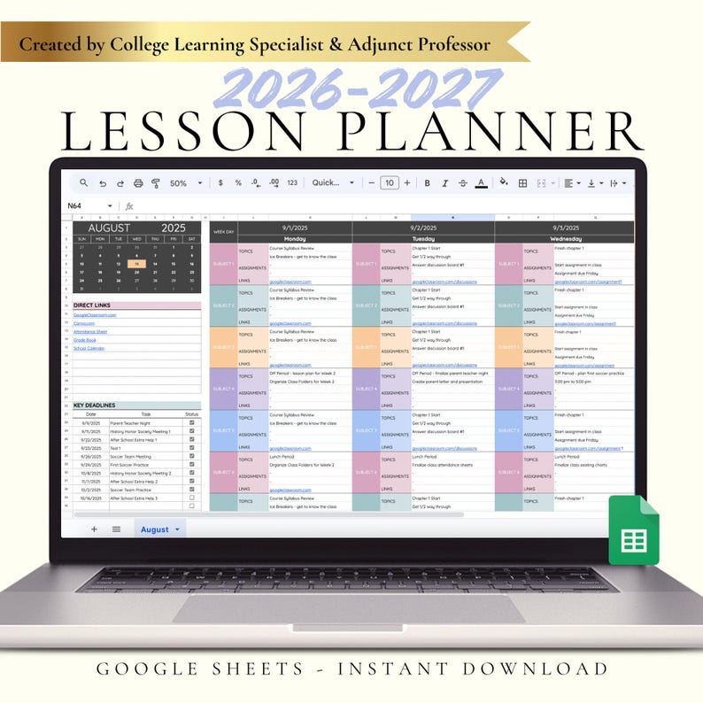 Teacher Lesson Planner 2026 Academic Calendar Digital Lesson Plan Spreadsheet Teacher Homeschooling Planner 2026 Teacher Planner Spreadsheet image 1