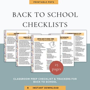 Könnte beinhalten: Eine Sammlung druckbarer PDF-Checklisten für die Schuleinführung. Das Bild zeigt mehrere Seiten mit Titeln wie "Brain Dump" und "Critical Back to School Tasks". Der Text enthält "25 Seiten" und "Sofort-Download".