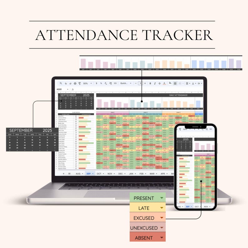 May include: A laptop and smartphone display an attendance tracker spreadsheet. The laptop screen shows a detailed grid with color-coded data, and the smartphone mirrors the information. The text "ATTENDANCE TRACKER" is at the top.