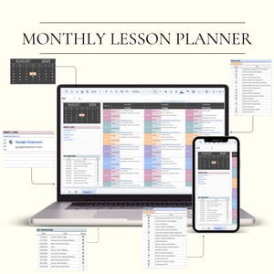 May include: A digital monthly lesson planner displayed on a laptop and smartphone screen. The interface features a calendar for August 2025, a weekly schedule with color-coded columns, a direct links section for Google Classroom, and a key deadlines list.