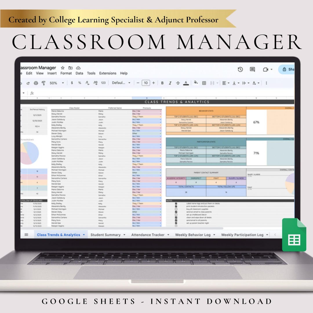 Classroom Management Spreadsheet Teacher Attendance Tracker Classroom ...
