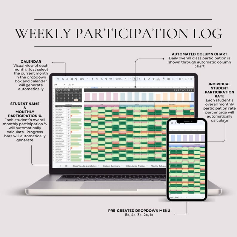 May include: A laptop and smartphone displaying a weekly participation log. The laptop shows a spreadsheet with student data, and the smartphone mirrors the information. Text includes "Weekly Participation Log," "Calendar," and "Student Name & Monthly Participation %."