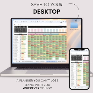 May include: A laptop and smartphone display a digital lesson planner for September 2025. The laptop screen shows a detailed spreadsheet with color-coded data, while the phone mirrors the planner's interface. Text reads "Save to your desktop" and "A planner you can't lose."