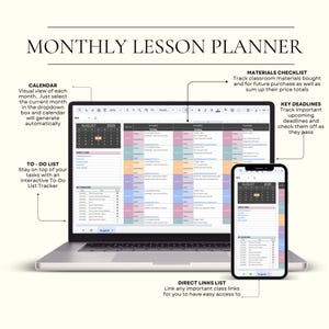 May include: A digital monthly lesson planner displayed on a laptop screen and a smartphone. The interface features a calendar for August 2025, a color-coded schedule, a materials checklist, a to-do list tracker, and a list of direct links for class.