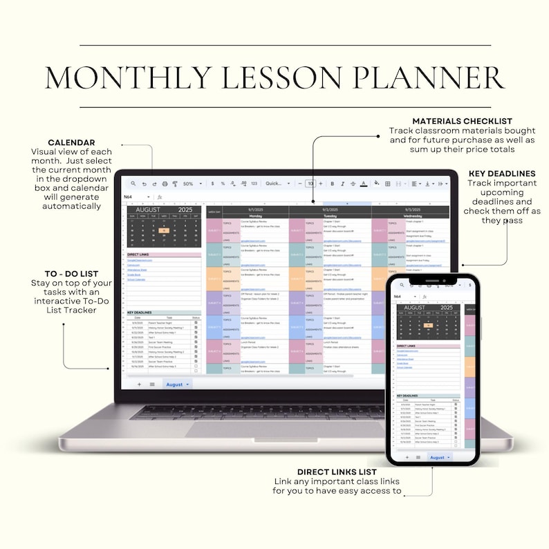 May include: A digital monthly lesson planner displayed on a laptop screen and a smartphone. The interface features a calendar for August 2025, a color-coded schedule, a materials checklist, a to-do list tracker, and a list of direct links for class.