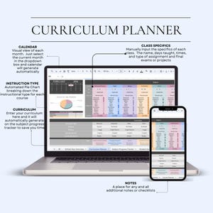 Puede incluir: Un port&aacute;til y un smartphone que muestran una interfaz de planificador de curr&iacute;culo. La pantalla del port&aacute;til muestra una hoja de c&aacute;lculo con secciones de calendario y tipo de instrucci&oacute;n. El smartphone refleja el planificador, ofreciendo una vista m&oacute;vil. El texto en la pantalla incluye "Planificador de curr&iacute;culo" y detalles de instrucci&oacute;n.