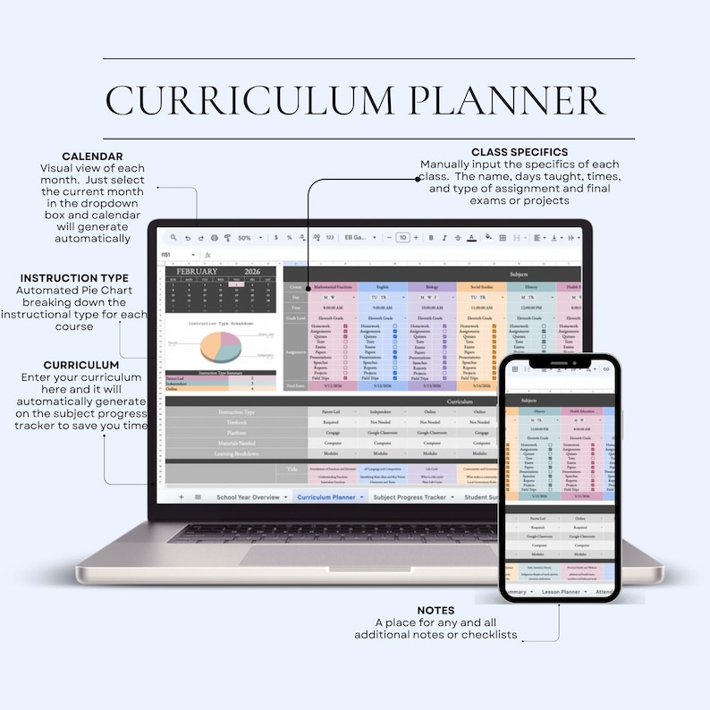 Puede incluir: Un port&aacute;til y un smartphone que muestran una interfaz de planificador de curr&iacute;culo. La pantalla del port&aacute;til muestra una hoja de c&aacute;lculo con secciones de calendario y tipo de instrucci&oacute;n. El smartphone refleja el planificador, ofreciendo una vista m&oacute;vil. El texto en la pantalla incluye "Planificador de curr&iacute;culo" y detalles de instrucci&oacute;n.
