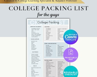 Listas de equipaje para chicos universitarios Lista de verificación para la habitación del dormitorio universitario Elementos esenciales para la habitación de un estudiante universitario Plantilla de Canva Lista de verificación Decoración universitaria para chicos