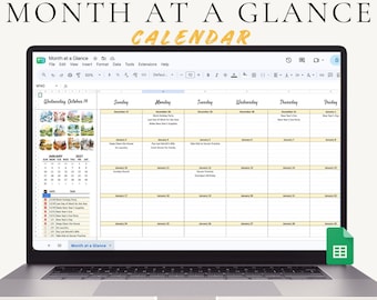 Planificador mensual en hoja de cálculo de Google Sheets, calendario digital, vista mensual, seguimiento de tareas mensuales, planificador de eventos.