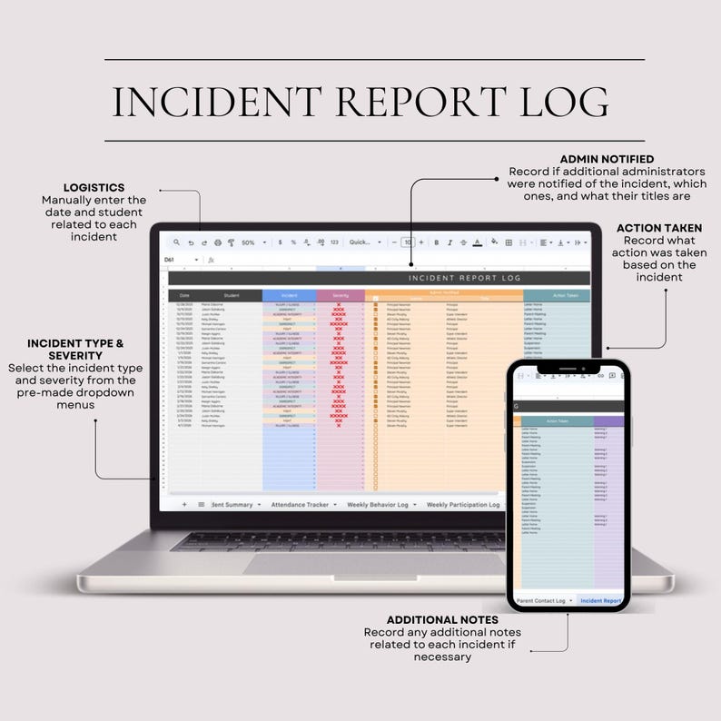 May include: A laptop and smartphone displaying an "INCIDENT REPORT LOG." The laptop screen shows a spreadsheet with columns for incident details. The smartphone mirrors the spreadsheet. Text on the image includes "LOGISTICS," "INCIDENT TYPE & SEVERITY," "ADMIN NOTIFIED," "ACTION TAKEN," and "ADDITIONAL NOTES."