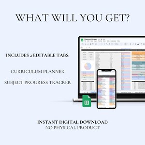 Puede incluir: Imagen de un producto digital con el texto &laquo;WHAT WILL YOU GET?&raquo; e &laquo;INCLUDES 2 EDITABLE TABS: CURRICULUM PLANNER SUBJECT PROGRESS TRACKER&raquo;. Un port&aacute;til y un smartphone muestran una hoja de c&aacute;lculo. La imagen tambi&eacute;n dice &laquo;INSTANT DIGITAL DOWNLOAD NO PHYSICAL PRODUCT&raquo;.