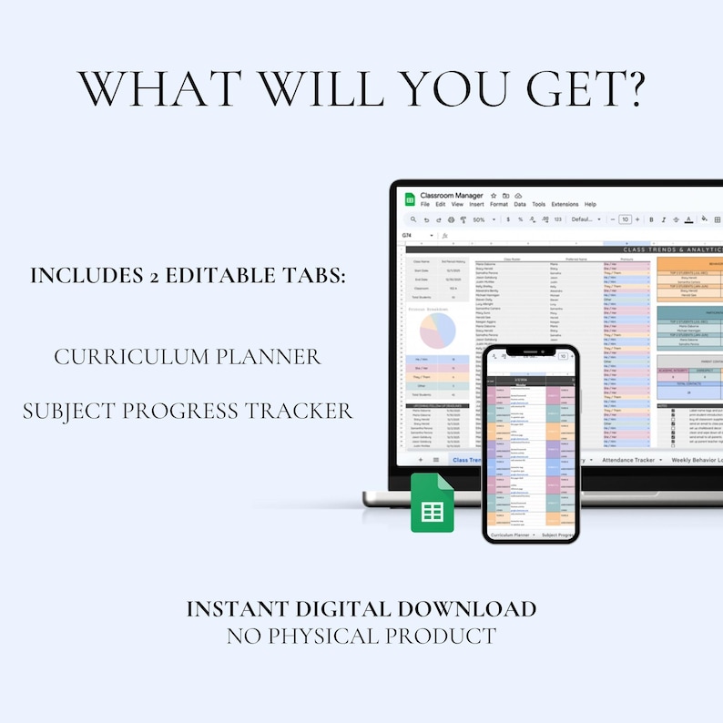 Puede incluir: Imagen de un producto digital con el texto &laquo;WHAT WILL YOU GET?&raquo; e &laquo;INCLUDES 2 EDITABLE TABS: CURRICULUM PLANNER SUBJECT PROGRESS TRACKER&raquo;. Un port&aacute;til y un smartphone muestran una hoja de c&aacute;lculo. La imagen tambi&eacute;n dice &laquo;INSTANT DIGITAL DOWNLOAD NO PHYSICAL PRODUCT&raquo;.